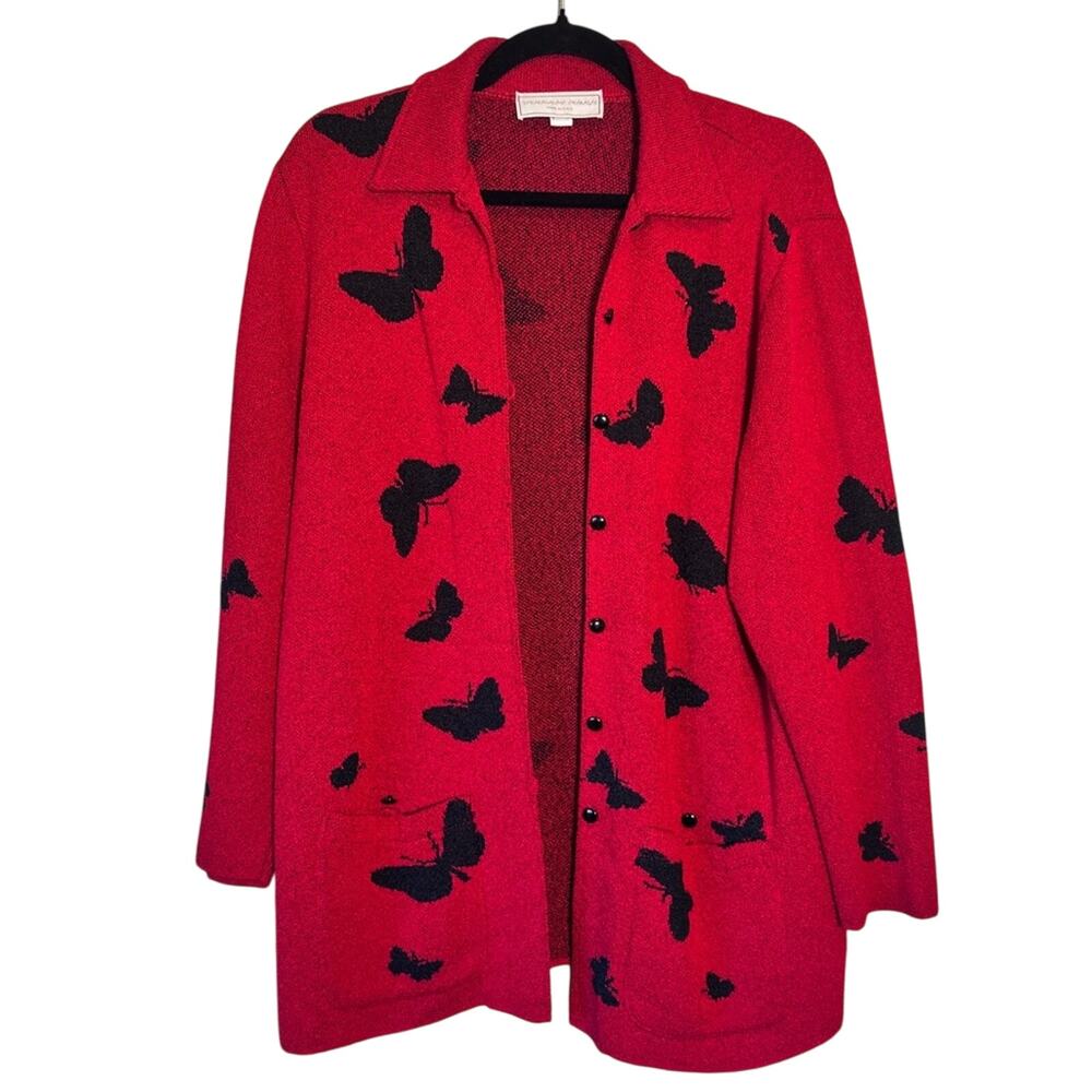 French Rags Red Black Knit Cardigan Sweater Womens M Butterfly’s Fall Cozy